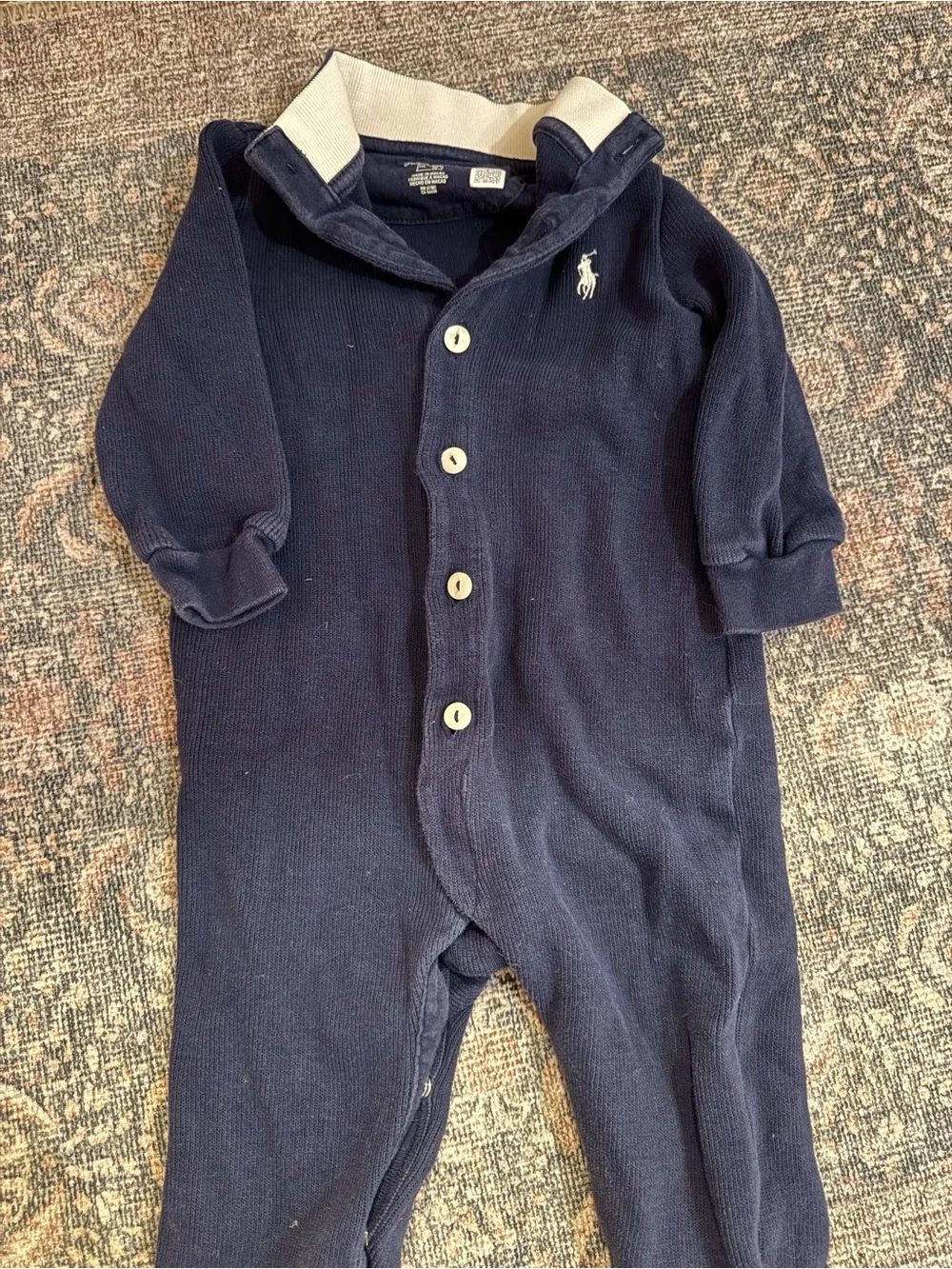 Ralph Lauren Baby Boys Navy Blue Polo Romper Coverall 9 Month Cream Collar